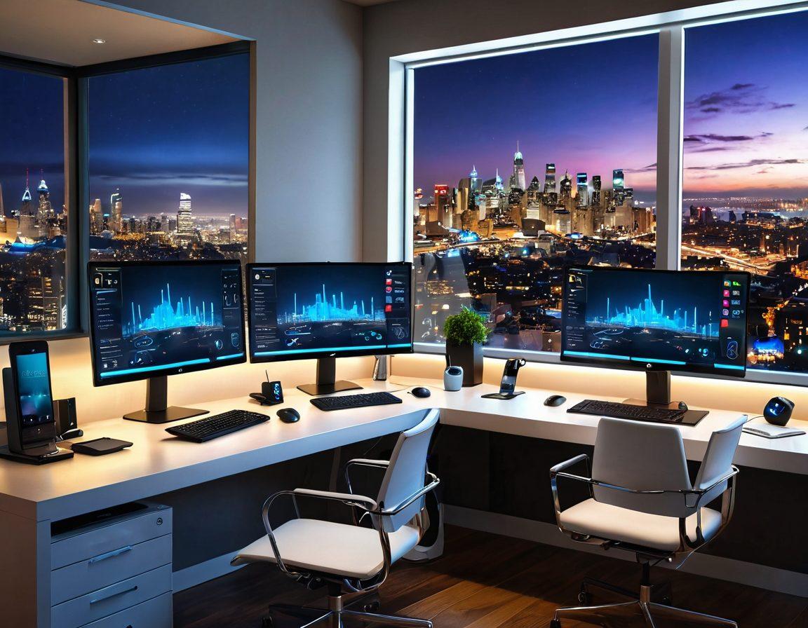 A modern, sleek home office setup showcasing various telecommunication devices like a router, headset, and a smartphone. The space is illuminated with soft ambient lighting and features a large window overlooking a cityscape, symbolizing connection and transition. Include elements like digital charts on a screen and wireless signals visually represented. super-realistic. vibrant colors. 3D.