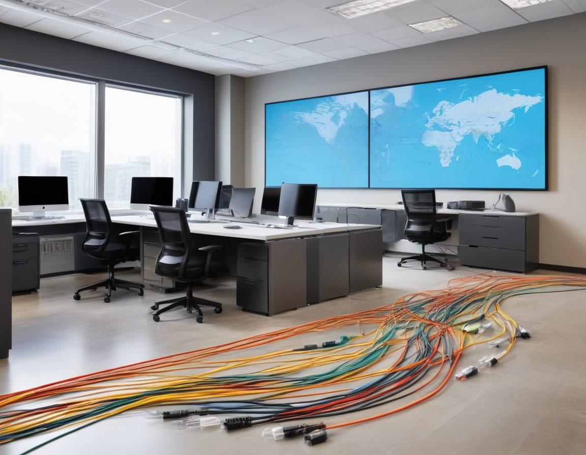 A dynamic scene of a team of diverse technicians efficiently installing network cables in a modern office setting. Visual elements include neatly arranged cables, tools spread out, and a digital map of network configurations on a screen. The environment should reflect a seamless transition from an old network setup to a new one, symbolizing smooth relocation. Bright and professional colors enhance the atmosphere of expertise and organization. super-realistic. vibrant colors. modern workplace.