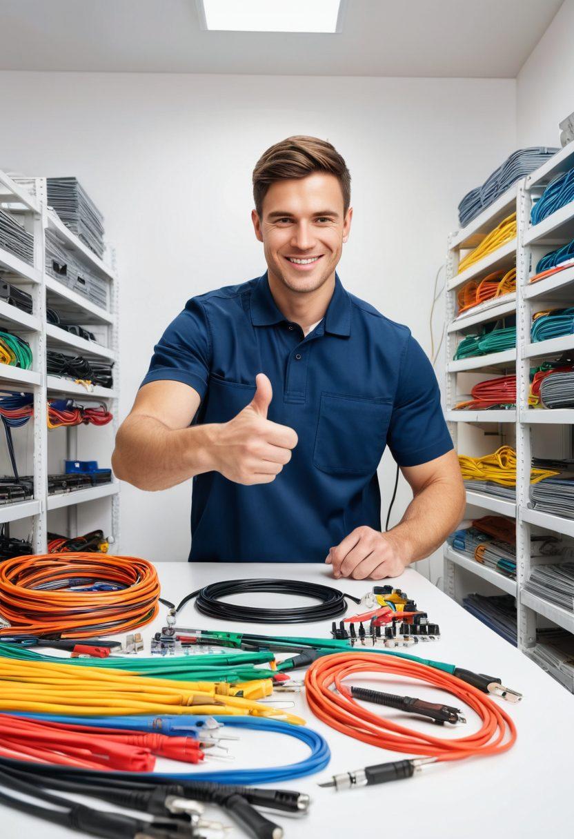 A technician effortlessly installing cables in a clean, organized workspace, surrounded by tools and colorful cables neatly arranged. Include a bright light illuminating the area, symbolizing clarity and ease. Showcase a satisfied customer in the background giving a thumbs-up. The scene conveys a sense of success and professionalism. super-realistic. vibrant colors. white background.